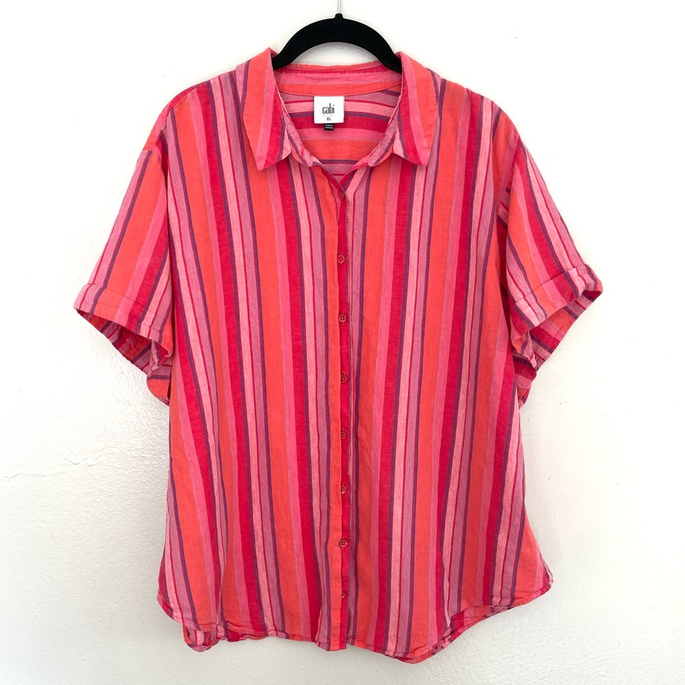 Cabi Pink & Coral Striped Short Sleeve Linen Button Down Shirt
